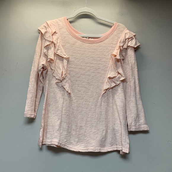 Seven7 Tops - Seven7 Ruffle Top Women Large Pink Excellent Slub Knit 3/4 Sleeve Crew Neck